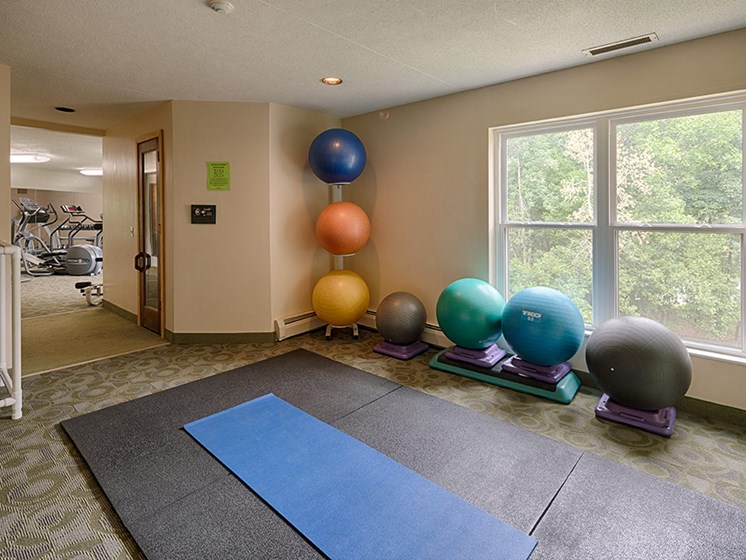 fitness room with exercise balls and yoga mat